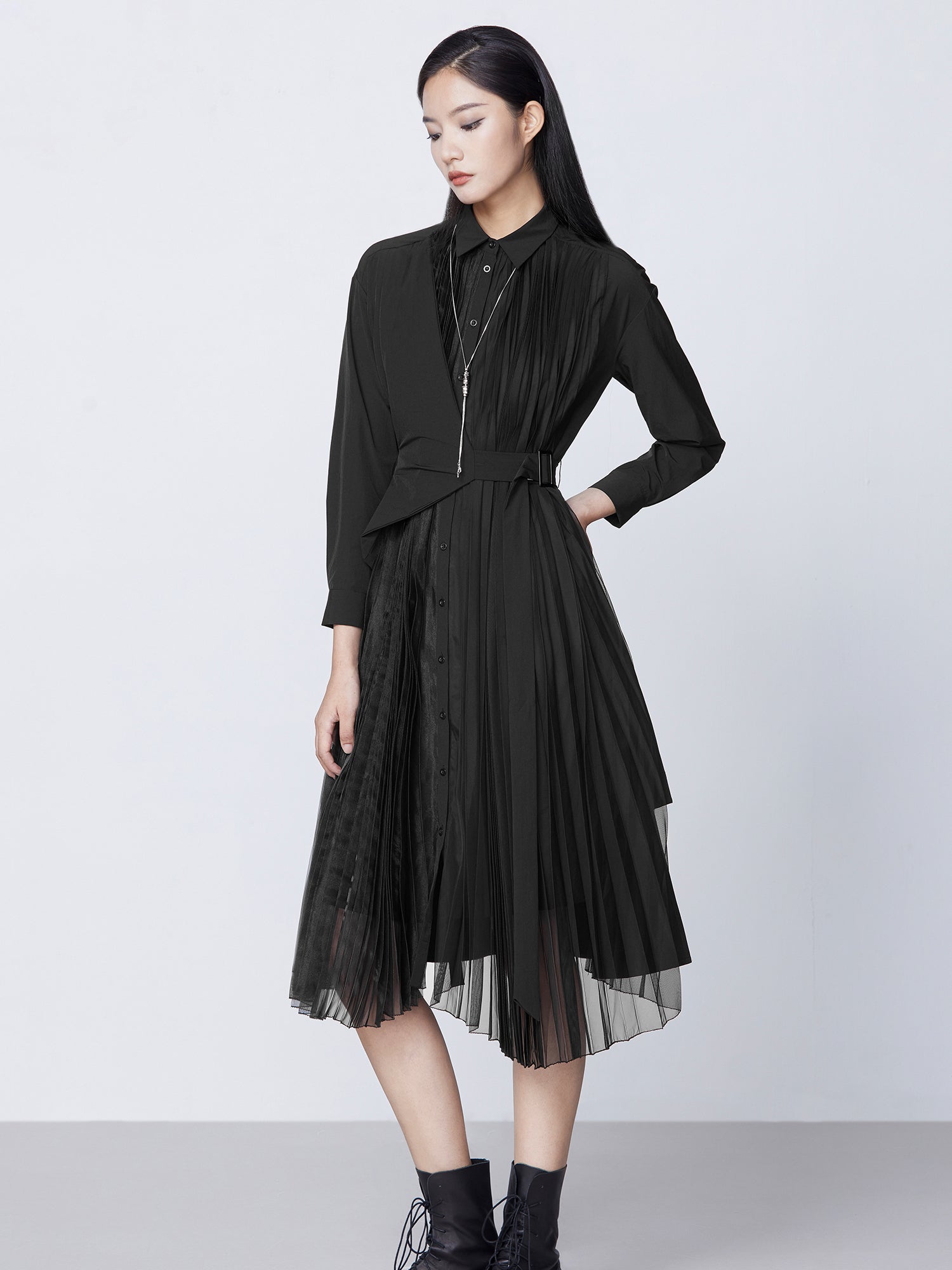 Lapel Pleat Mesh Stitching Wrap Dress