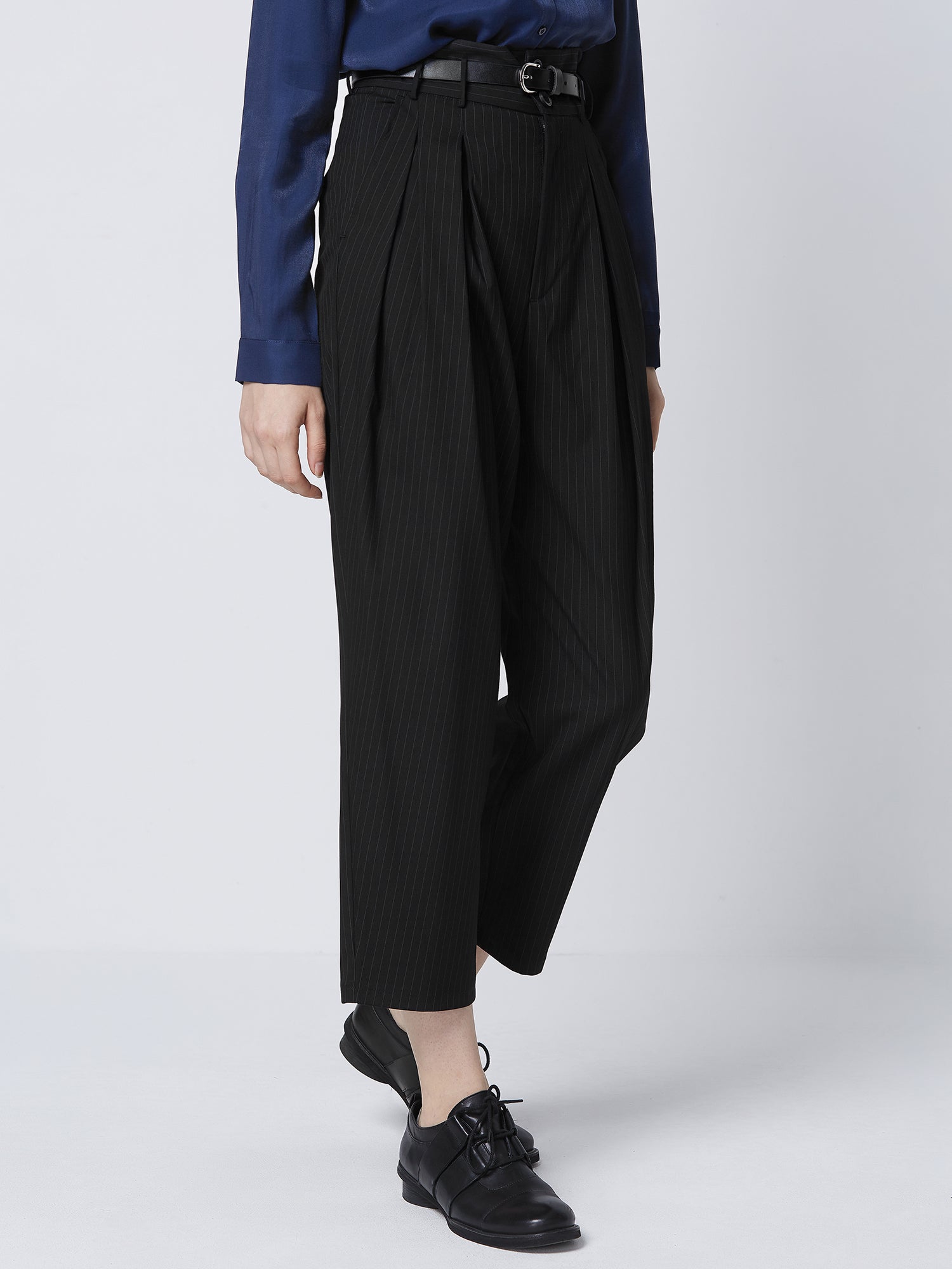 Striped Pleated High-Waist Commuter Trousers With Belt