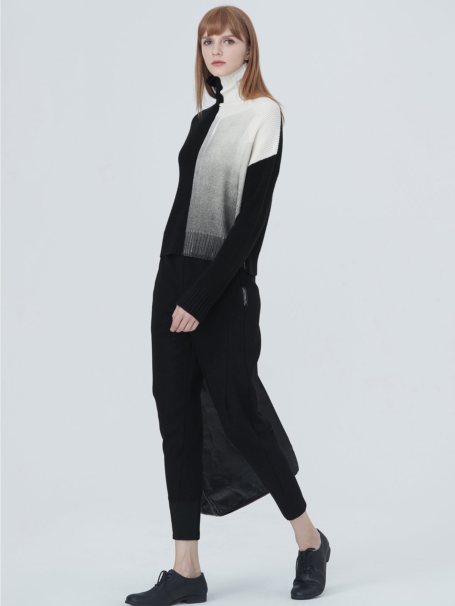 Contrasting Panel High Neck Ribbed Sweater