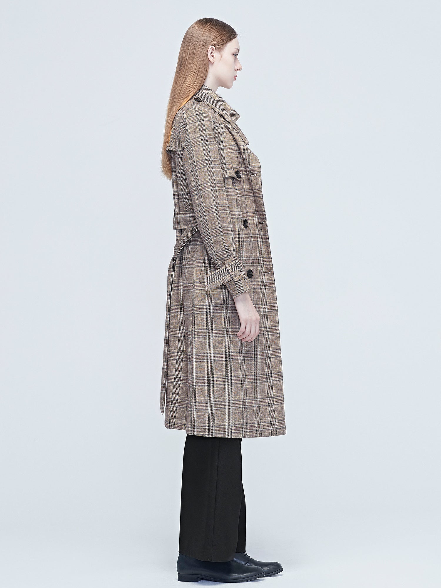 Stylish Plaid Stitching Waist Long Jacket