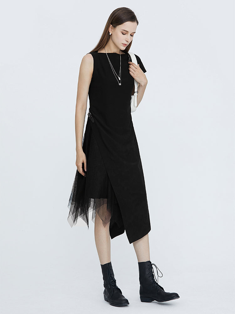 Asymmetric Sleeves Leather Buckles Dress