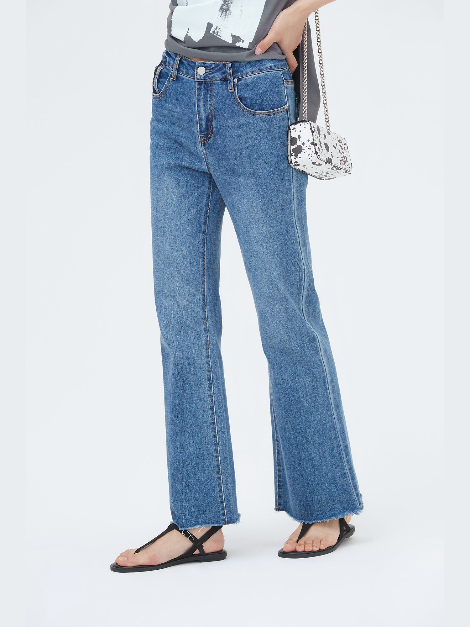 Water-washed Frayed Flare Jeans