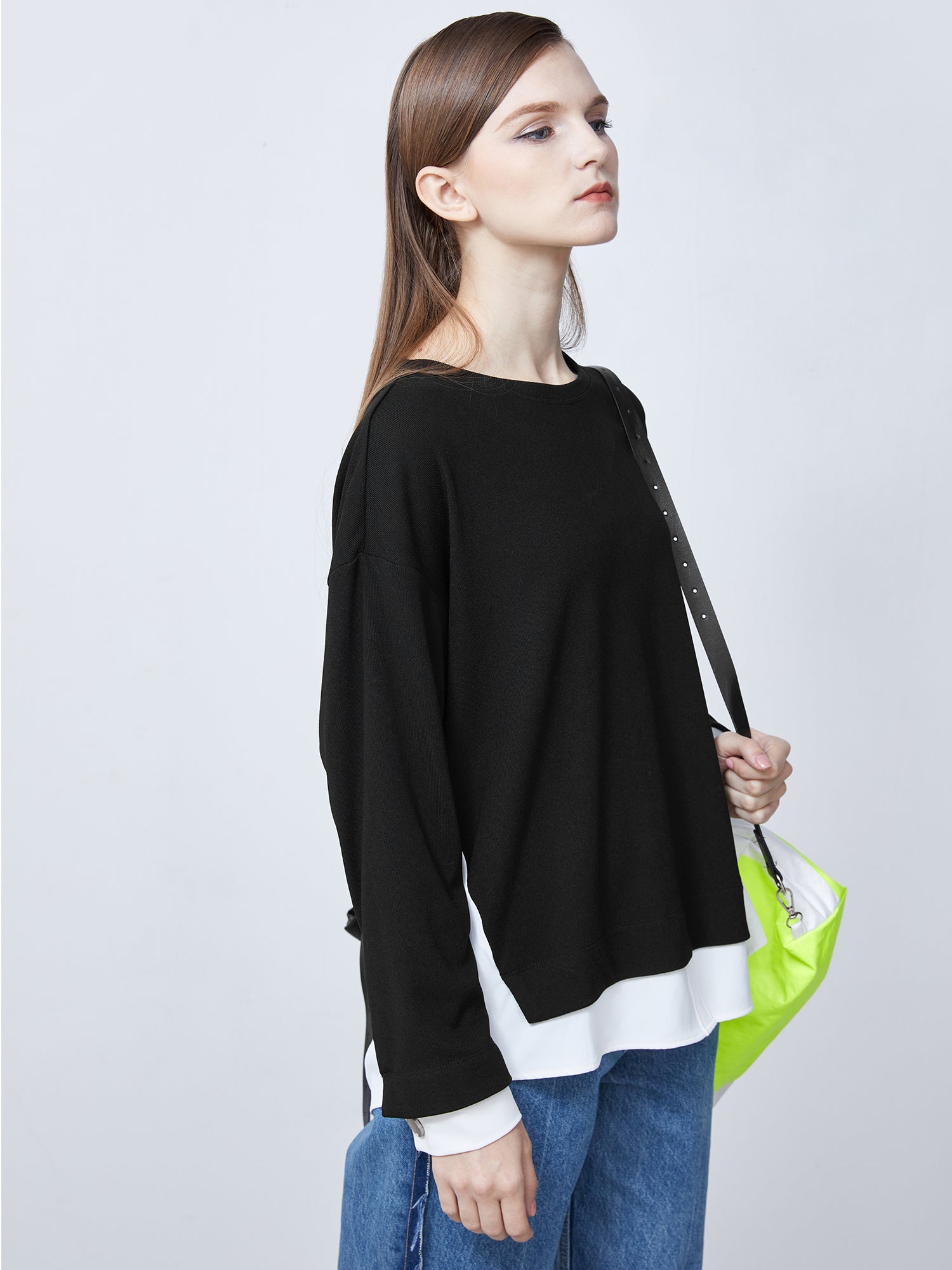 Ribbed Round Neck Color Contrast Stitching Long-Sleeved T-Shirt