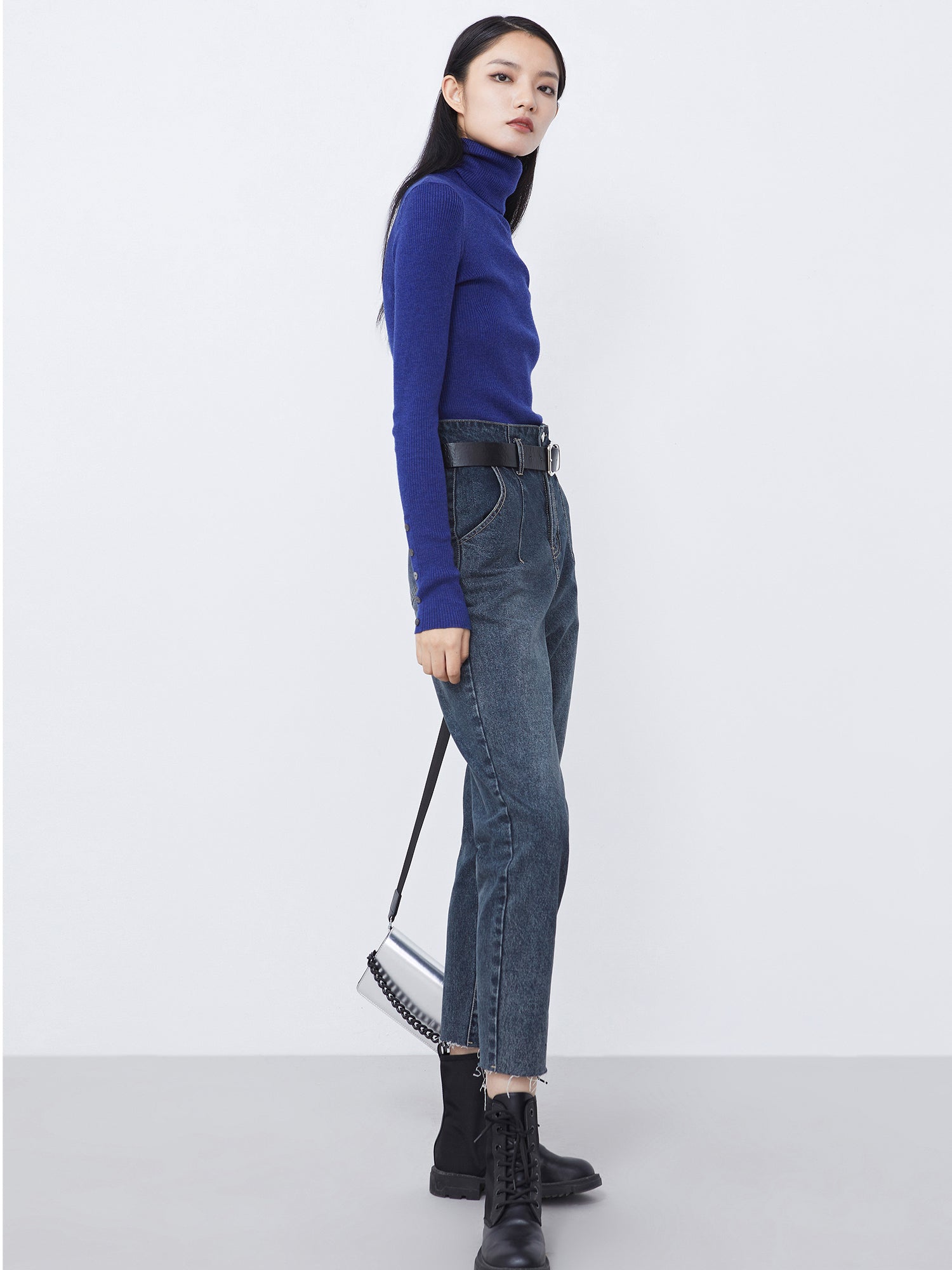 Cuff Detail Ribbed Turtleneck Sweater
