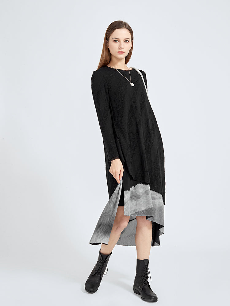 Vestido de lana de dos piezas con cuello redondo y tirantes con estampado de malla