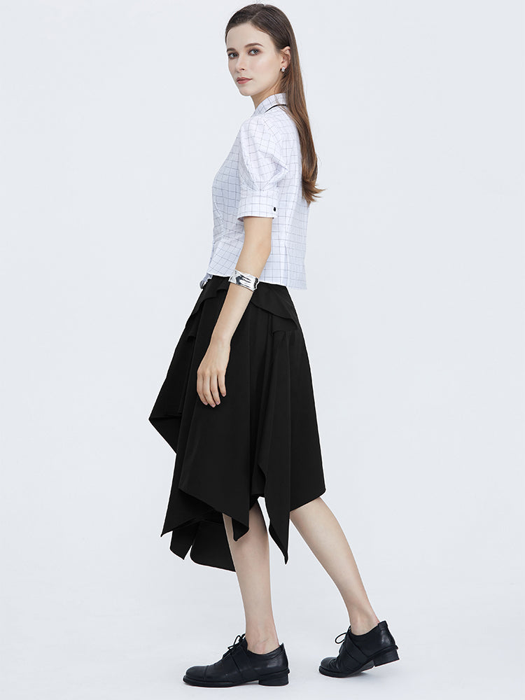 Ruffle Front Irregular Hem Black Skirt