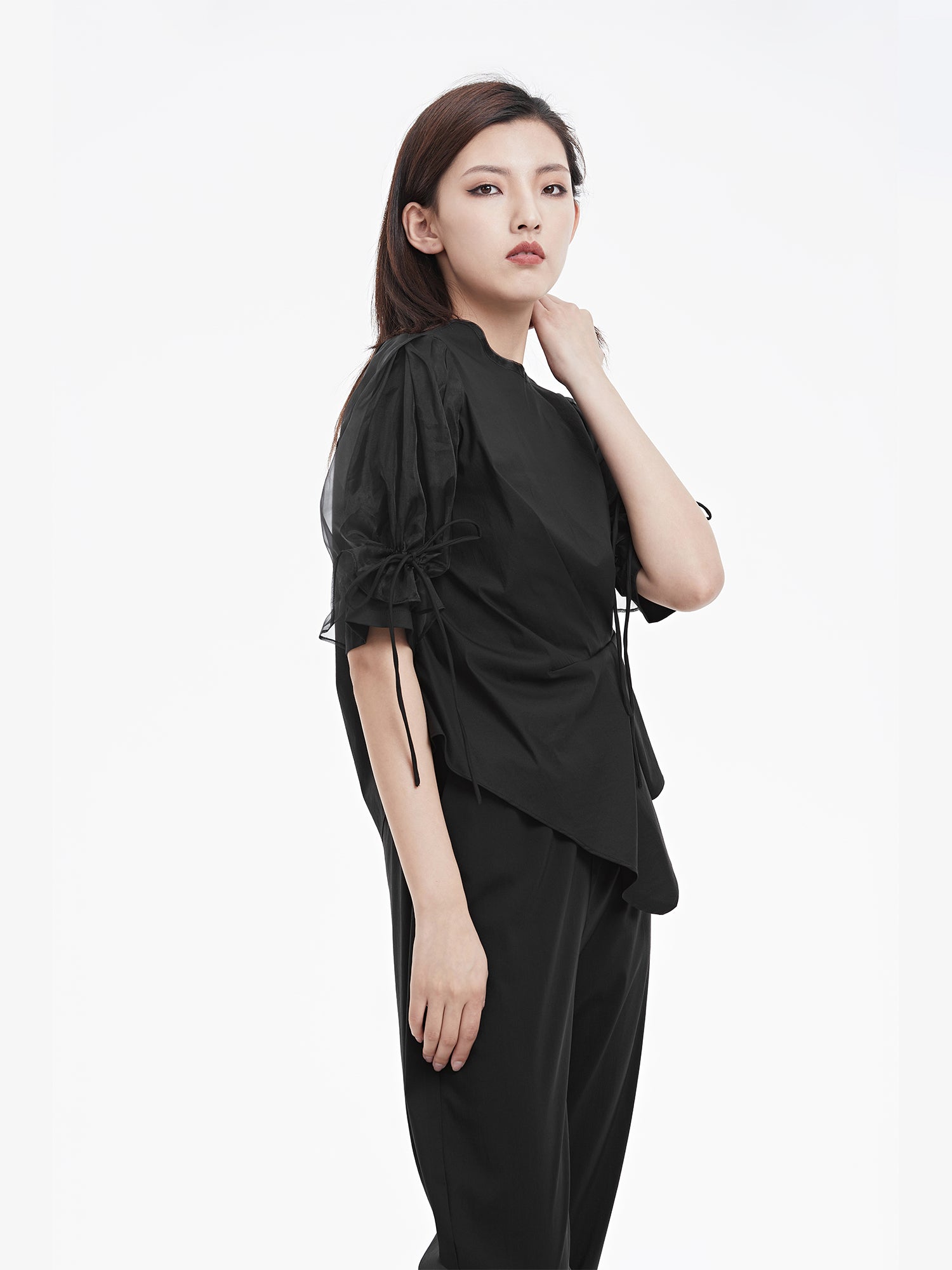 Pleat Waist Irregular Hem Mesh Sleeve T-Shirt