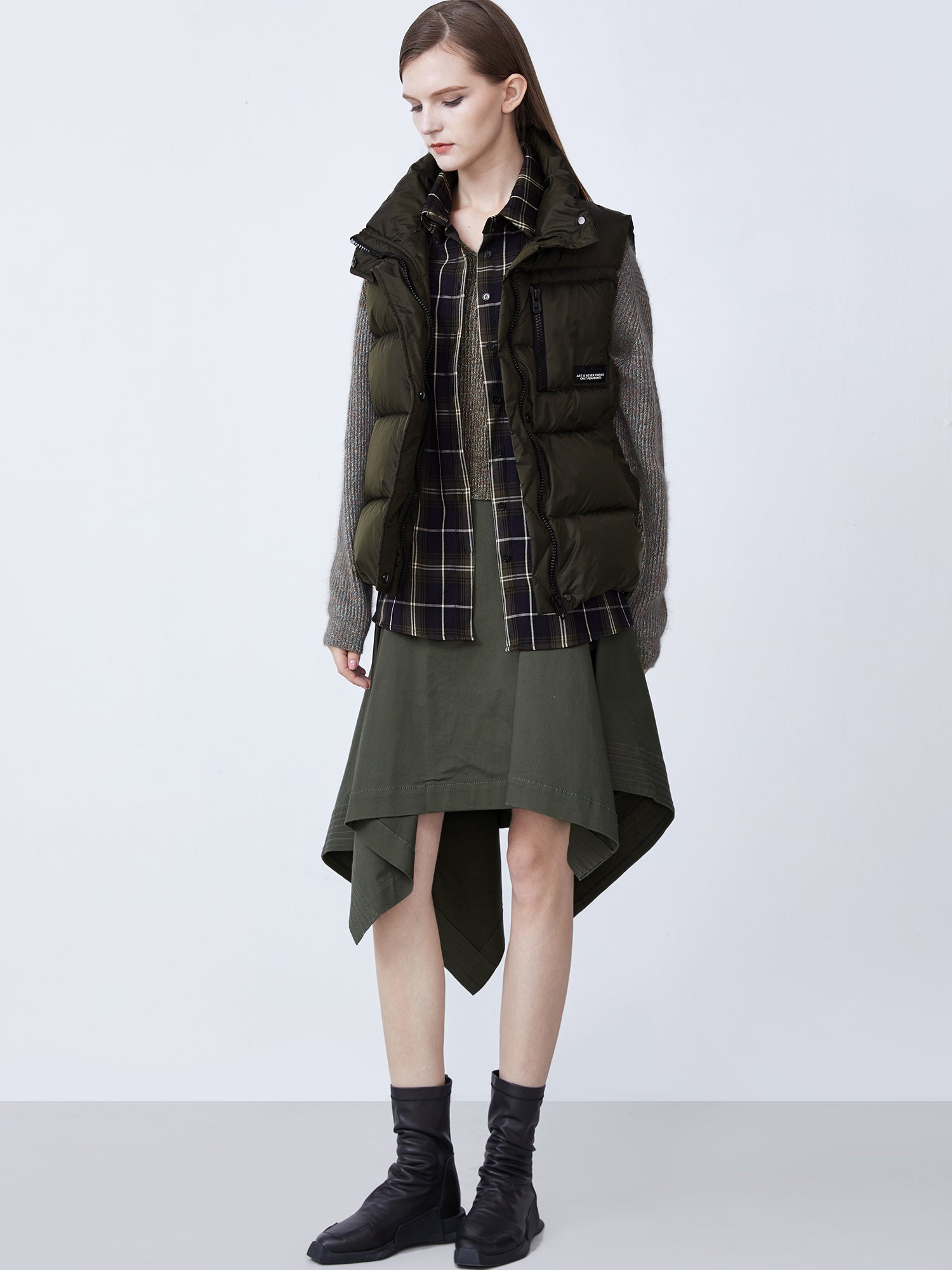 Turtleneck Plaid Shirt Fake Two-Piece Down Vest