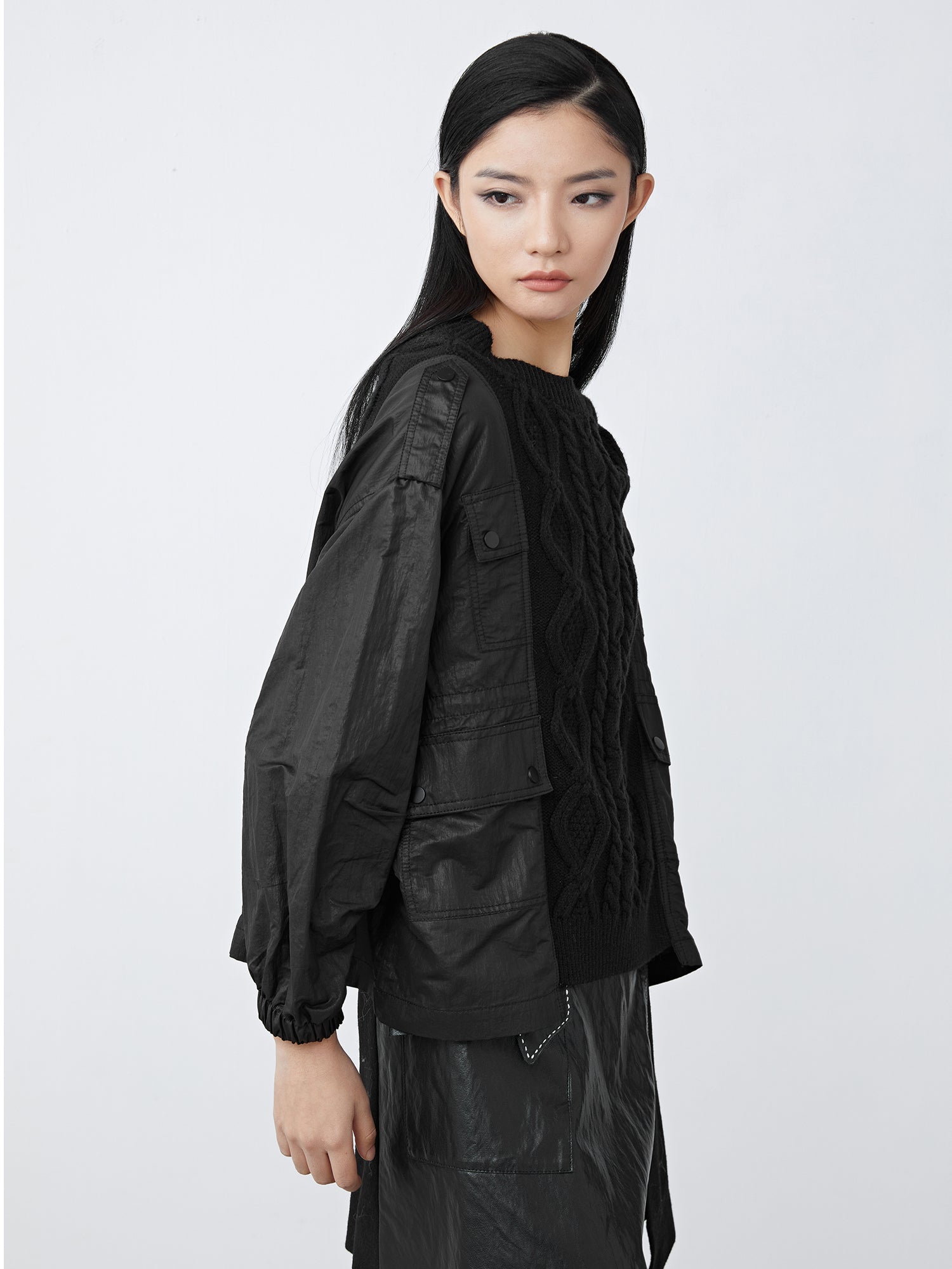 Ribbed Round Neck Crochet-Panel Oversized Sweatshirt Jacket