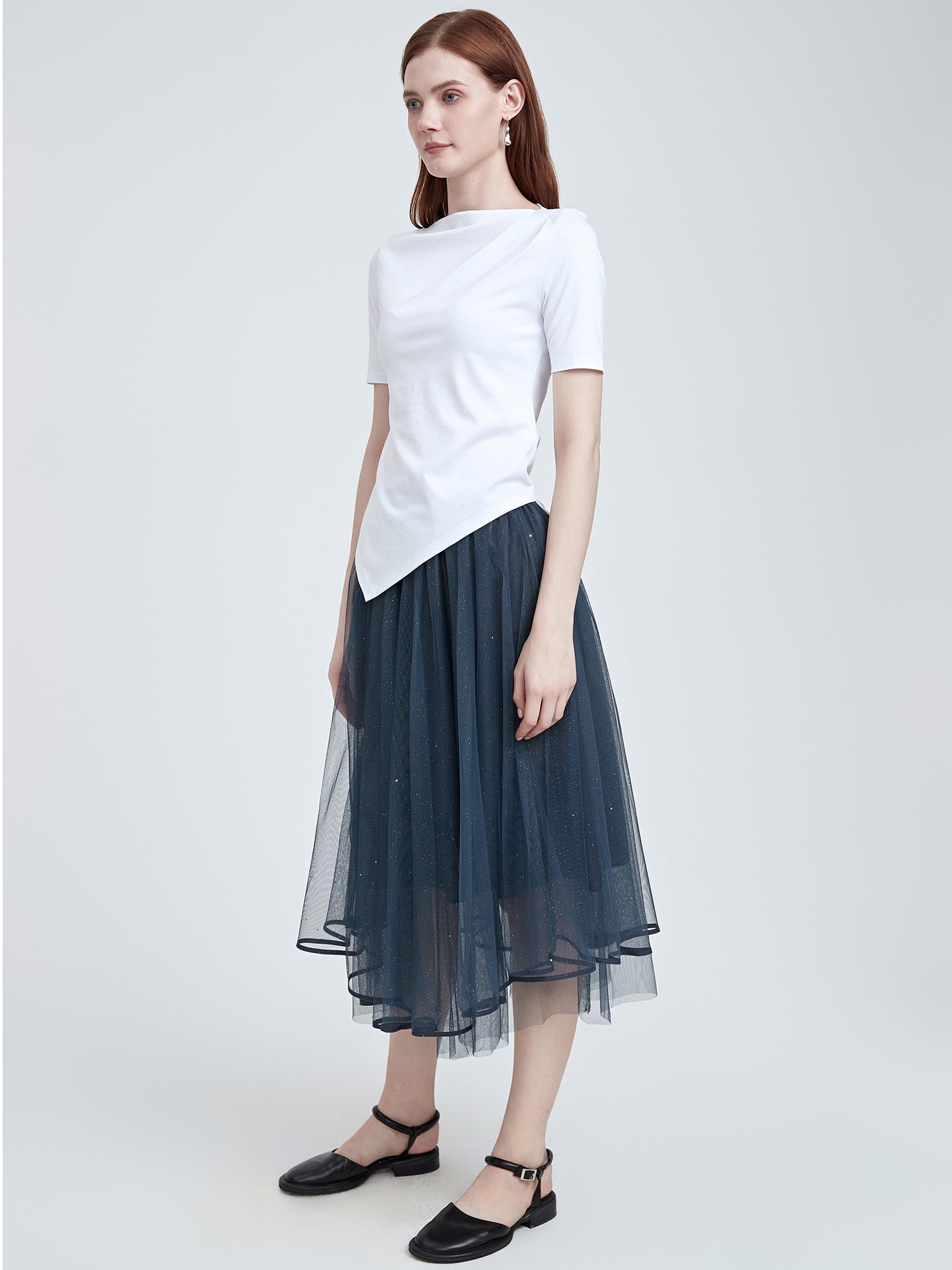 Unique Collar Irregular Hemline Solid T-shirt