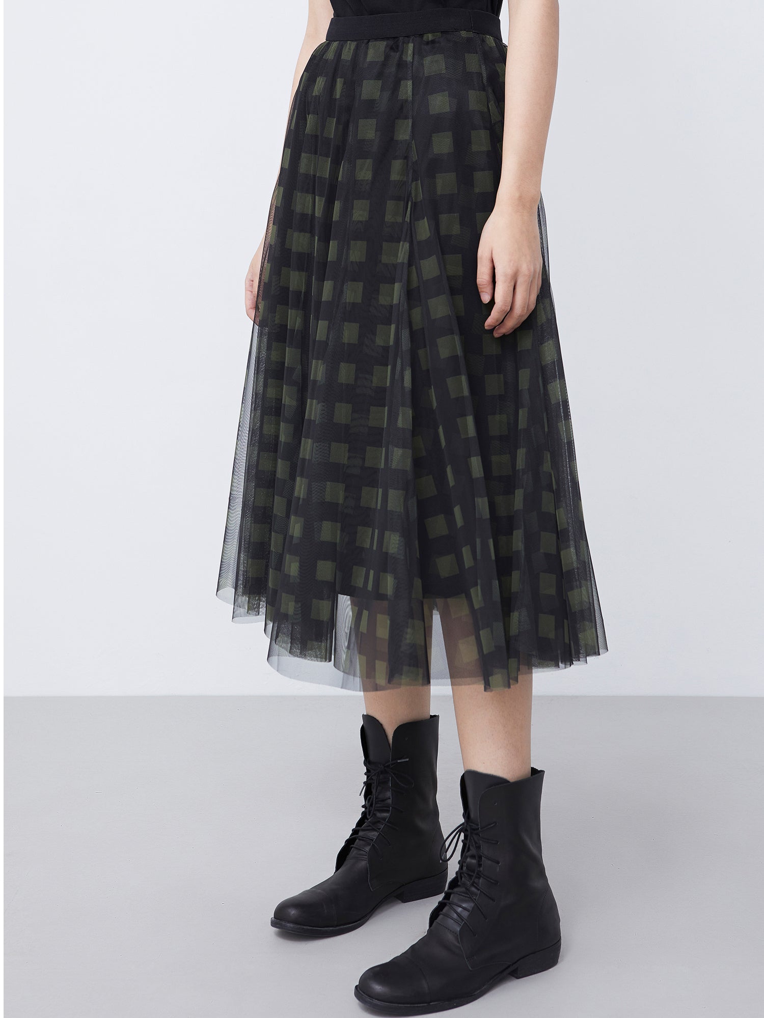 Elastic Check Printed Mesh Stitching Irregular Long Skirt