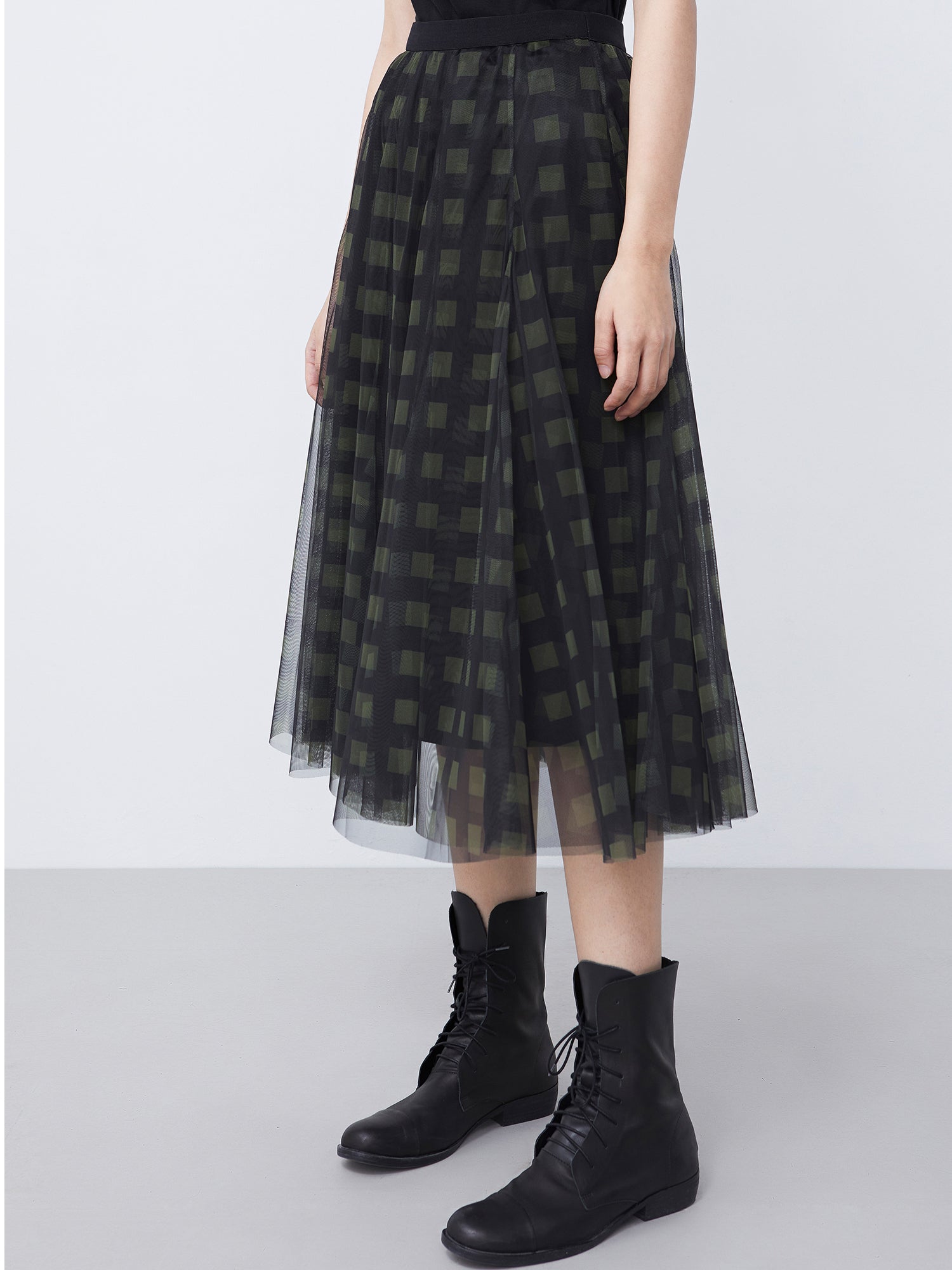 Elastic Check Printed Mesh Midi Skirt