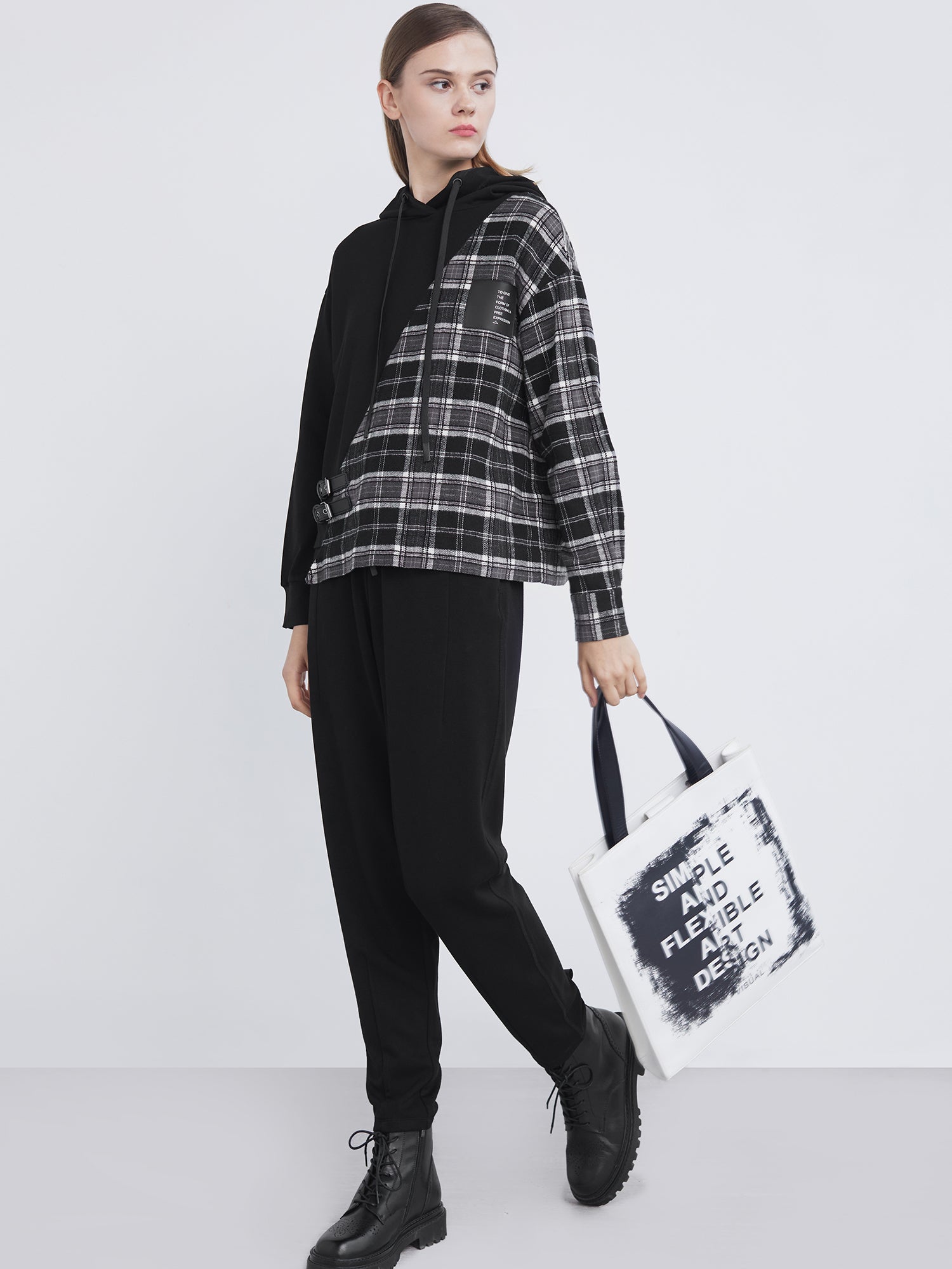 Drawstring Hooded Plaid Stitching Irregular Sweater Jacket