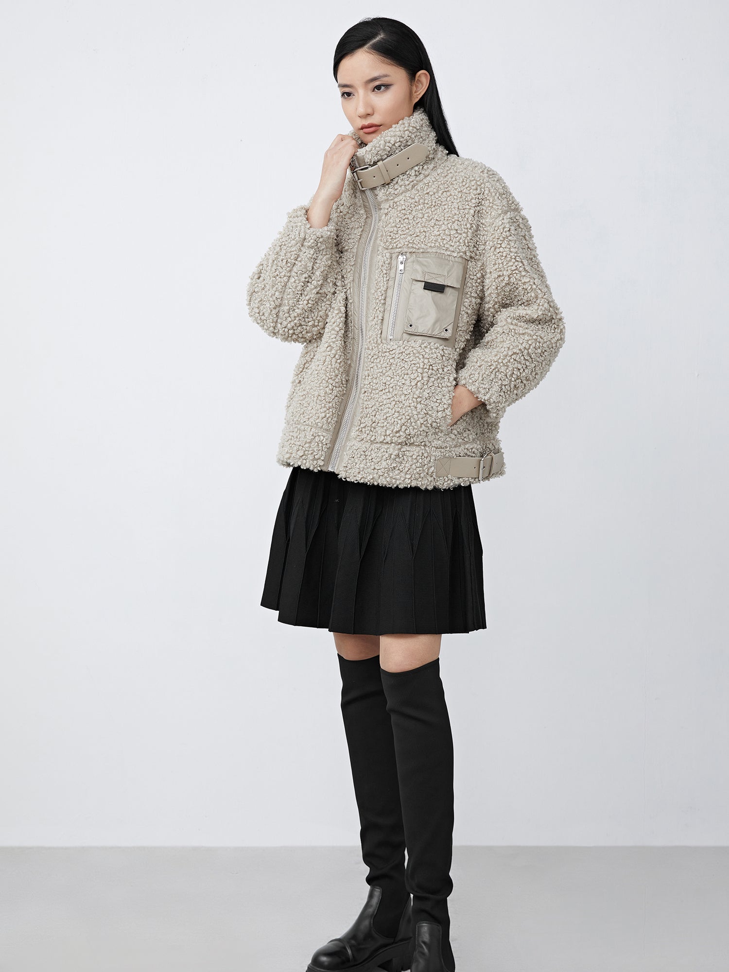 High Collar Stitching Pocket Faux Sherpa Wool Jacket