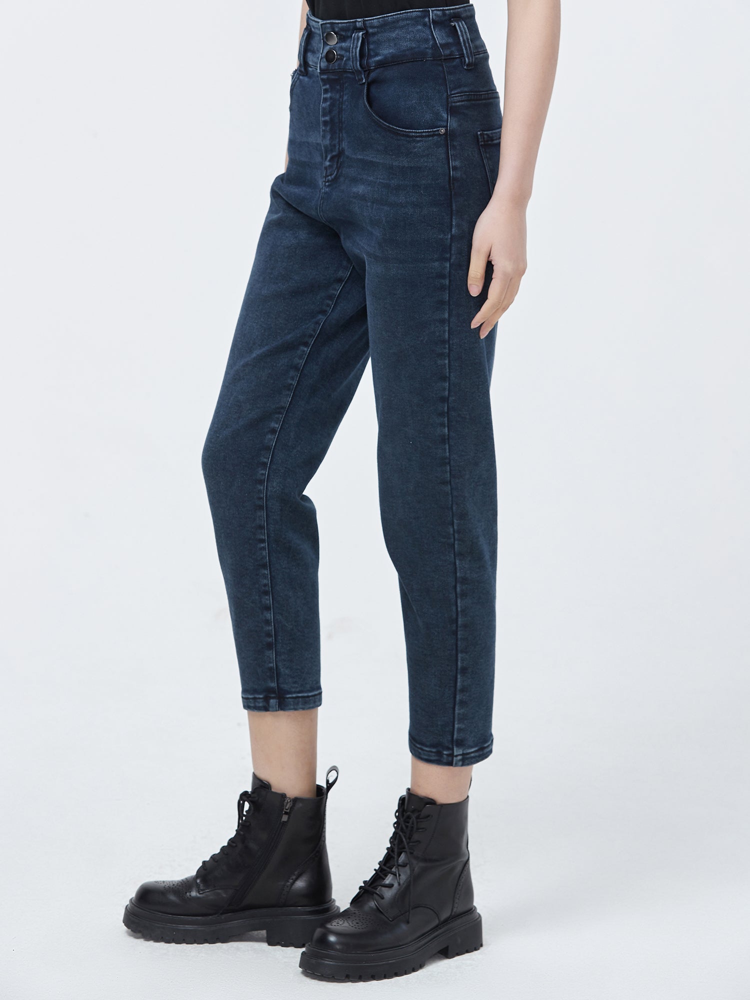 Retro High Waist Rivet Side Pocket Denim Trousers