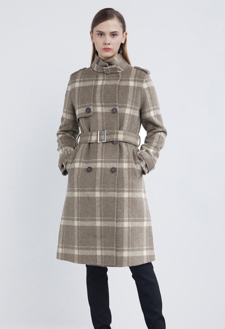 SDEER Stand-up Collar Check Double-breasted Waist Long Woolen Coat - S·DEER