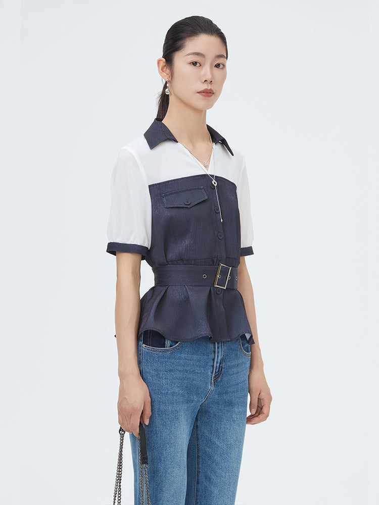 S·DEER V-neck and waist short-sleeved niche top - S·DEER