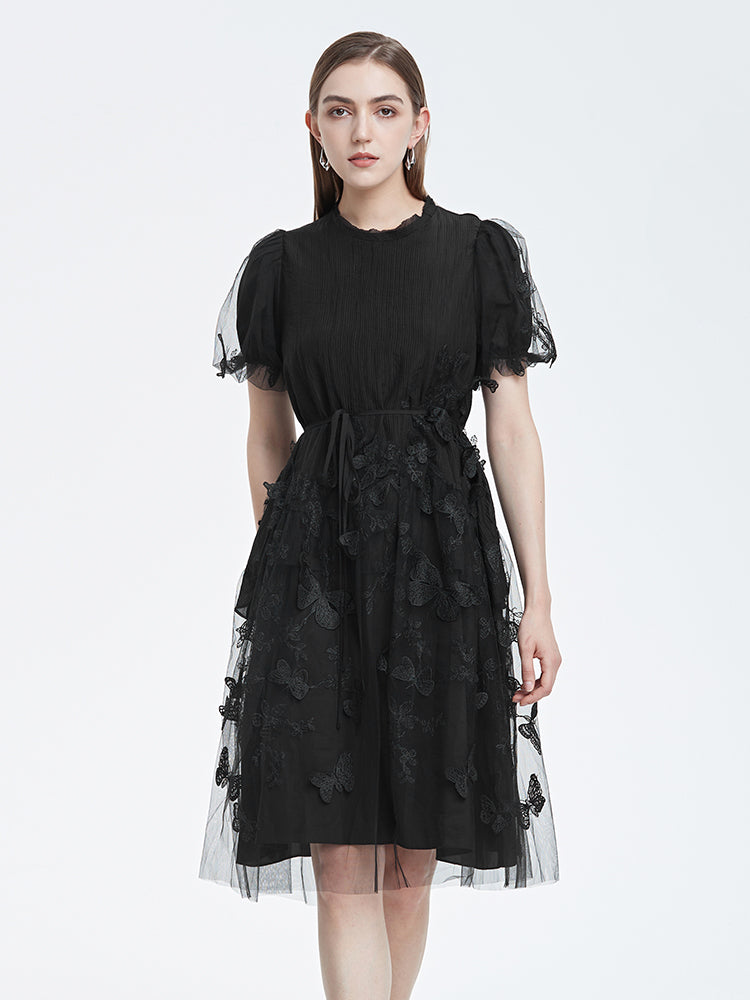 S·DEER Embroidered Mesh Neck Waist Short Sleeve Dress - S·DEER