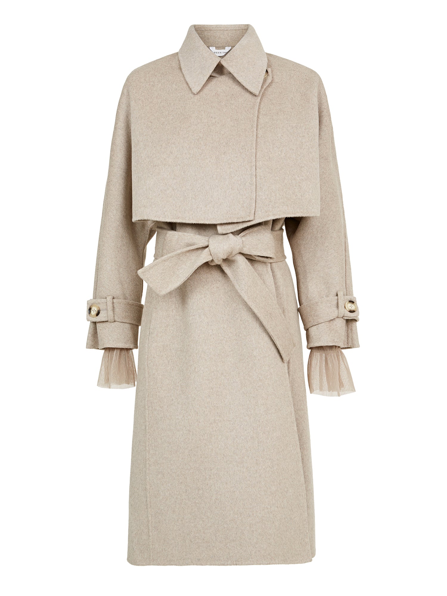 S·DEER Beige wool coat with a cropped overlay, belted waist, and fringed cuffs