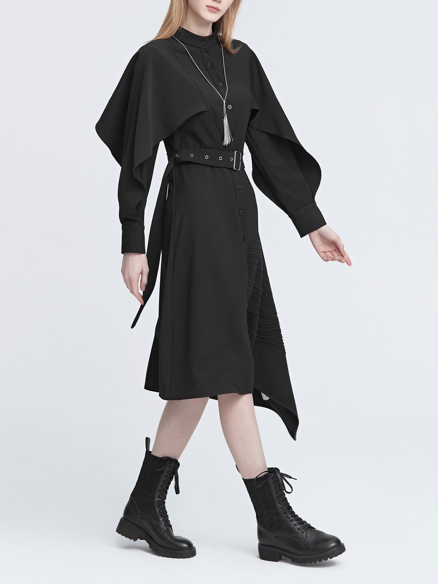 Stand Collar Waist Shirt Dress - S·DEER