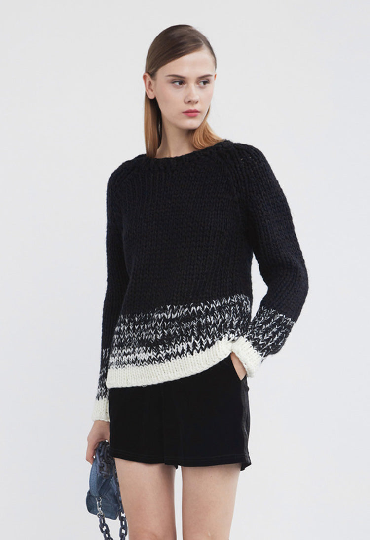SDEER Crew Neck Contrast Color Crochet Short Sweater - S·DEER
