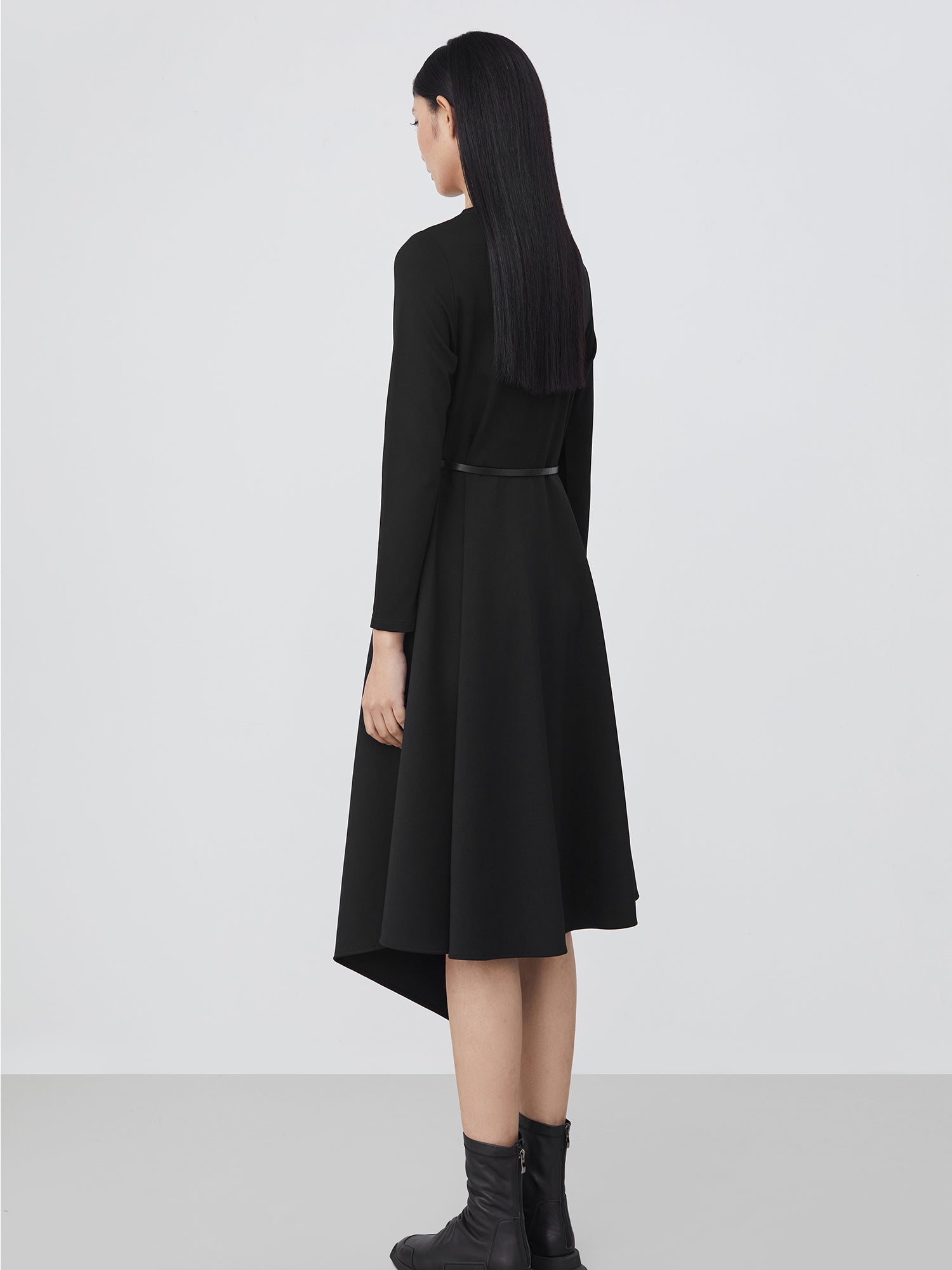 Round Neck Splicing Waist Irregular Long-Sleeved Dress