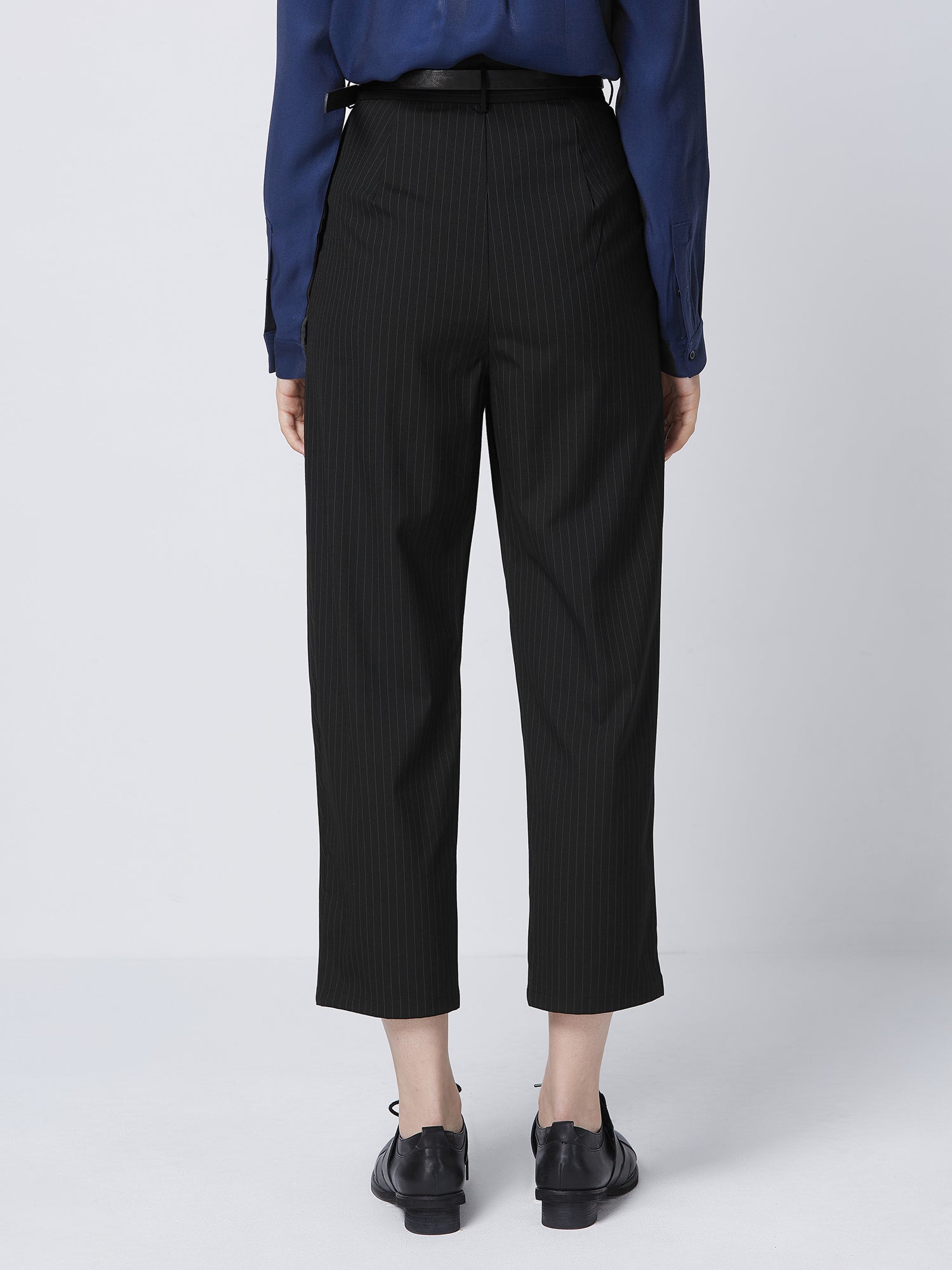 Striped Pleated High-Waist Commuter Trousers With Belt