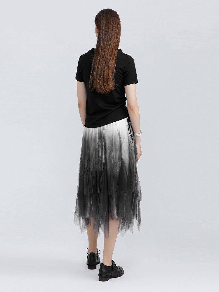 Buckle Crew Ruffle Irregular Hem T-Shirt