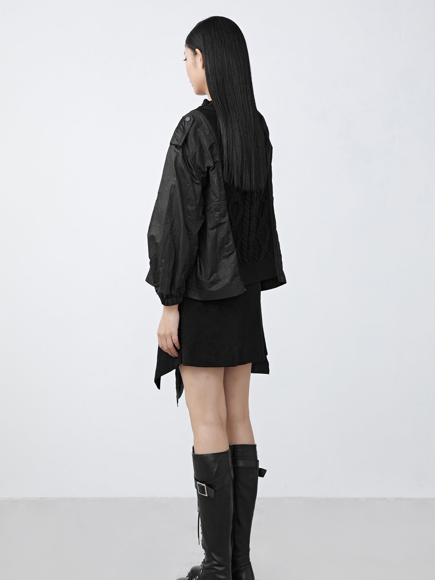 Ribbed Round Neck Crochet-Panel Oversized Sweatshirt Jacket