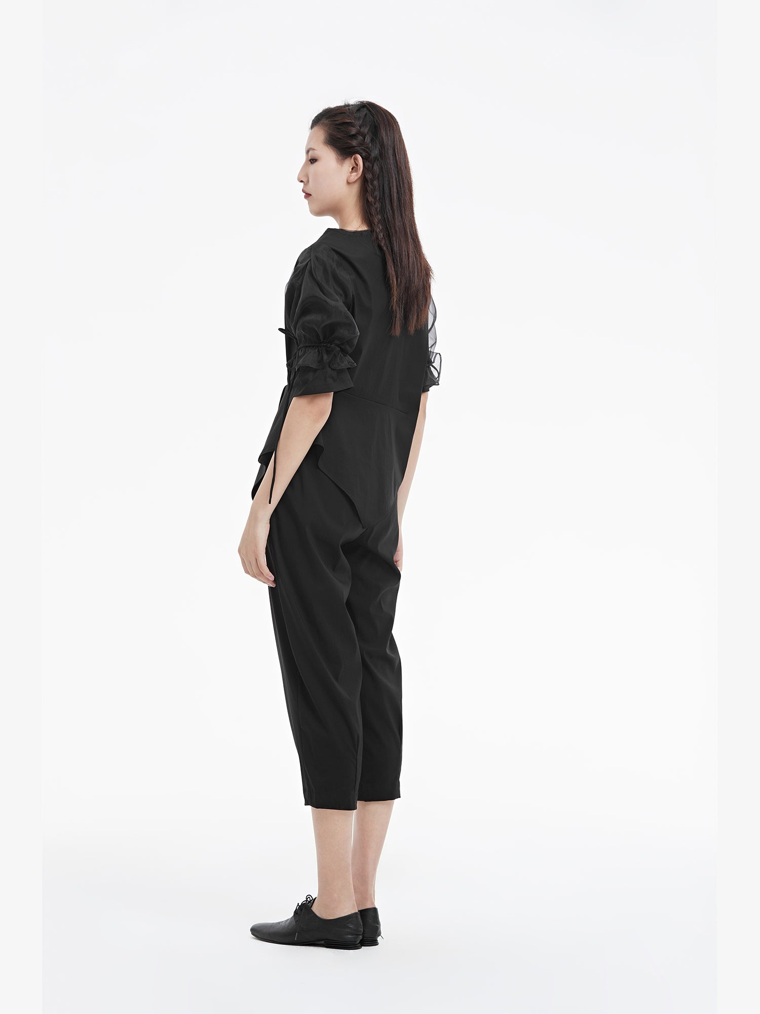 Pleat Waist Irregular Hem Mesh Sleeve T-Shirt