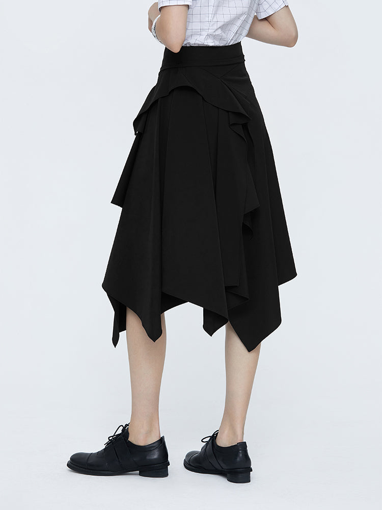 Ruffle Front Irregular Hem Black Skirt