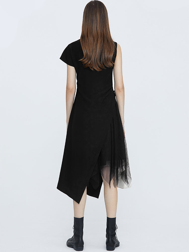 Asymmetric Sleeves Leather Buckles Dress