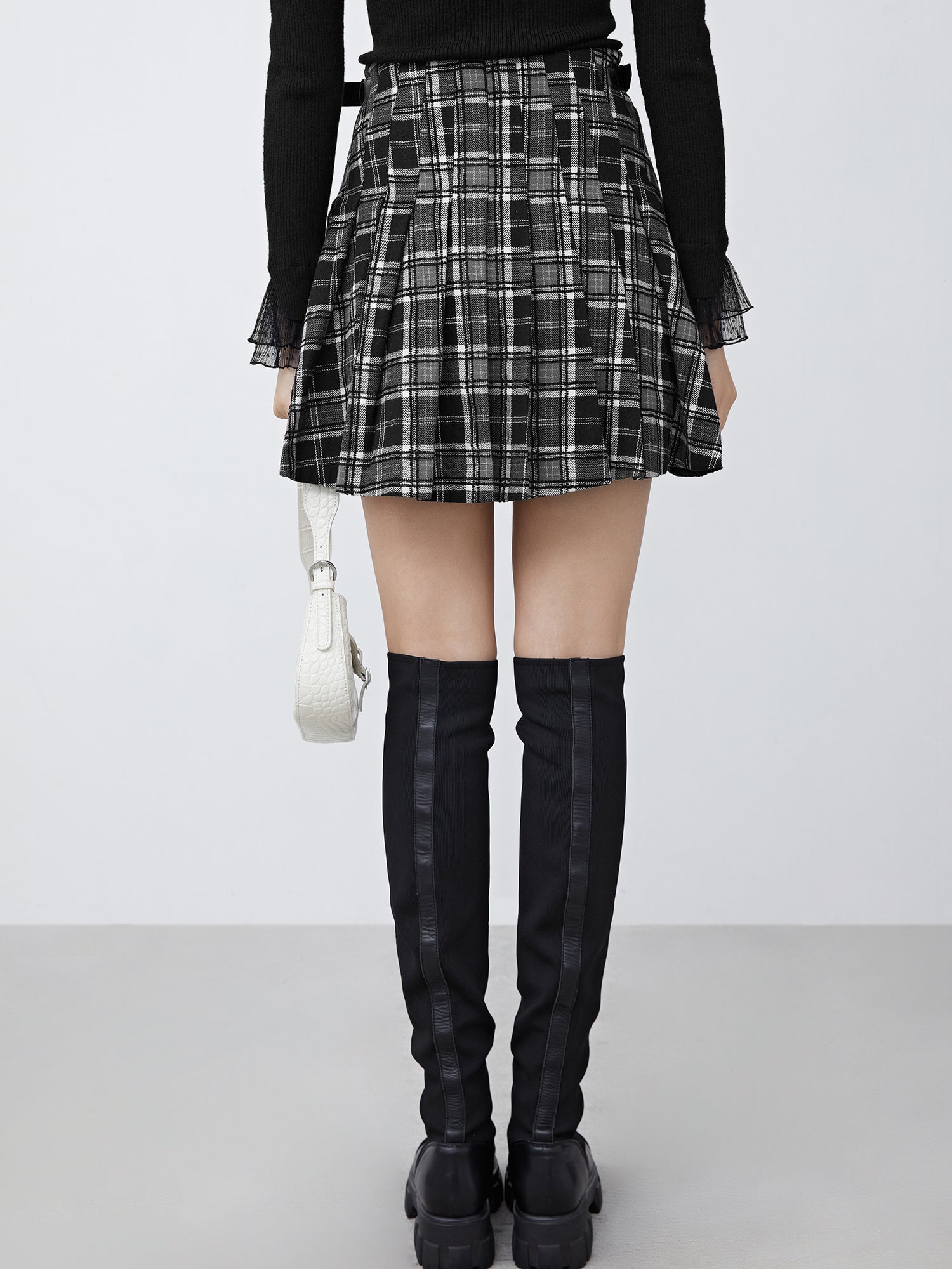 Vintage Plaid Leather Patchwork A-Line Pleated Skirt