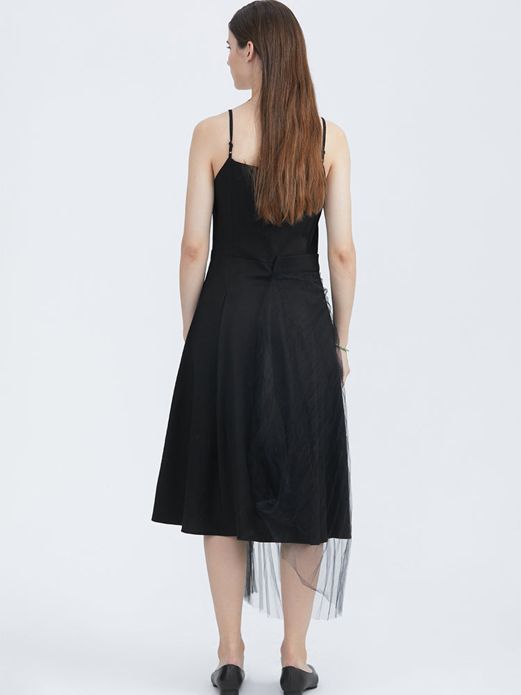 Casual Mesh Stitching Black Suspender Dress