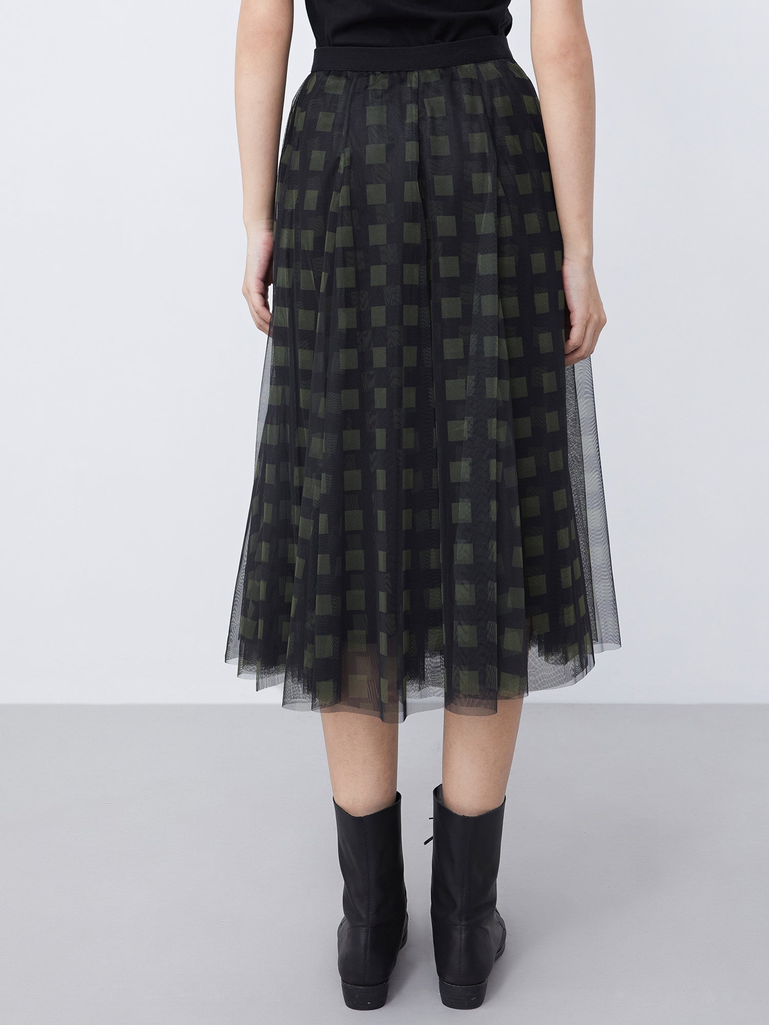 Elastic Check Printed Mesh Stitching Irregular Long Skirt
