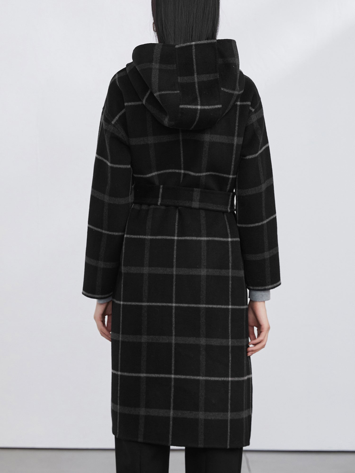 Plaid Hooded Belted  Wool Coat
