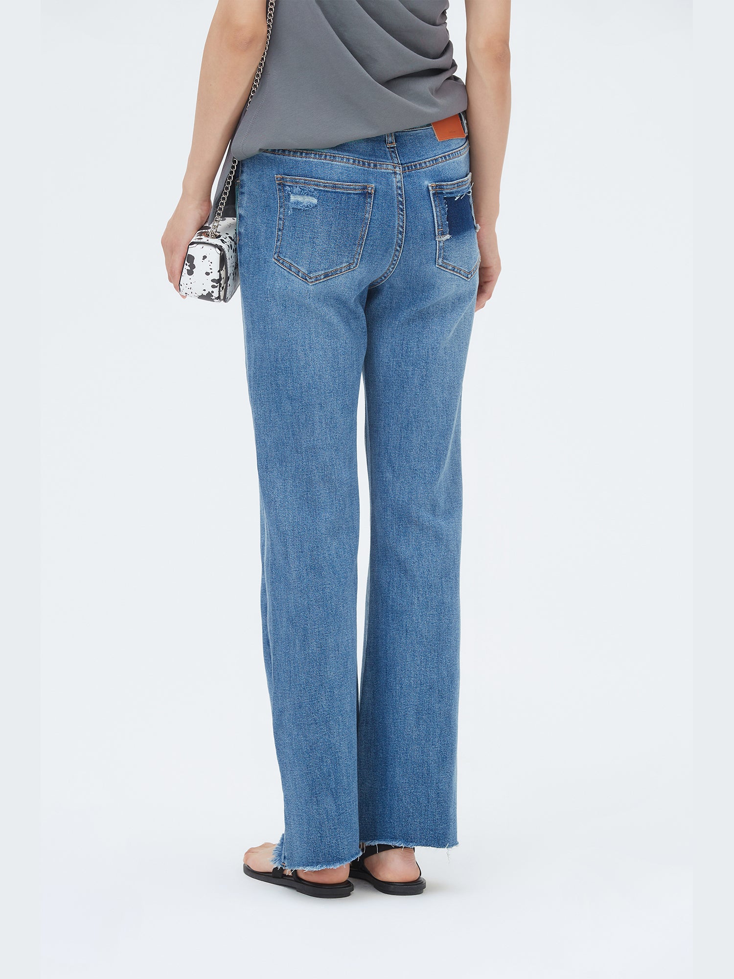 Water-washed Frayed Flare Jeans