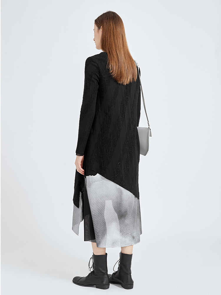 Vestido de lana de dos piezas con cuello redondo y tirantes con estampado de malla