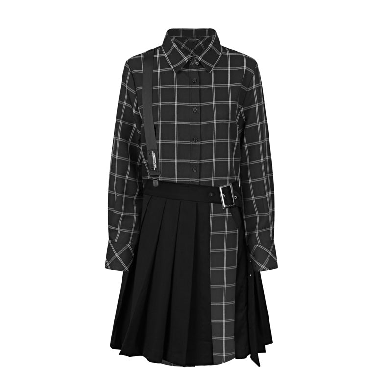 SDEER Style Lapel Check Pleated Panel Shirt Dress - S·DEER