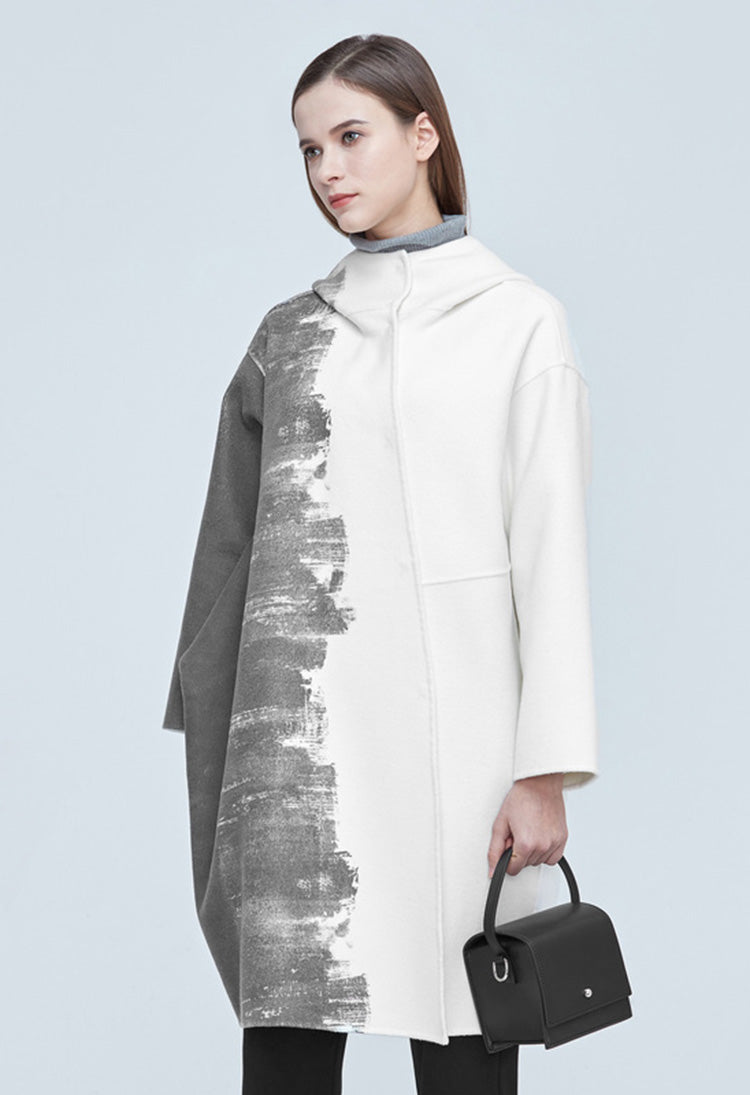 SDEER Hooded Ink-print Loose Woolen Coat - S·DEER