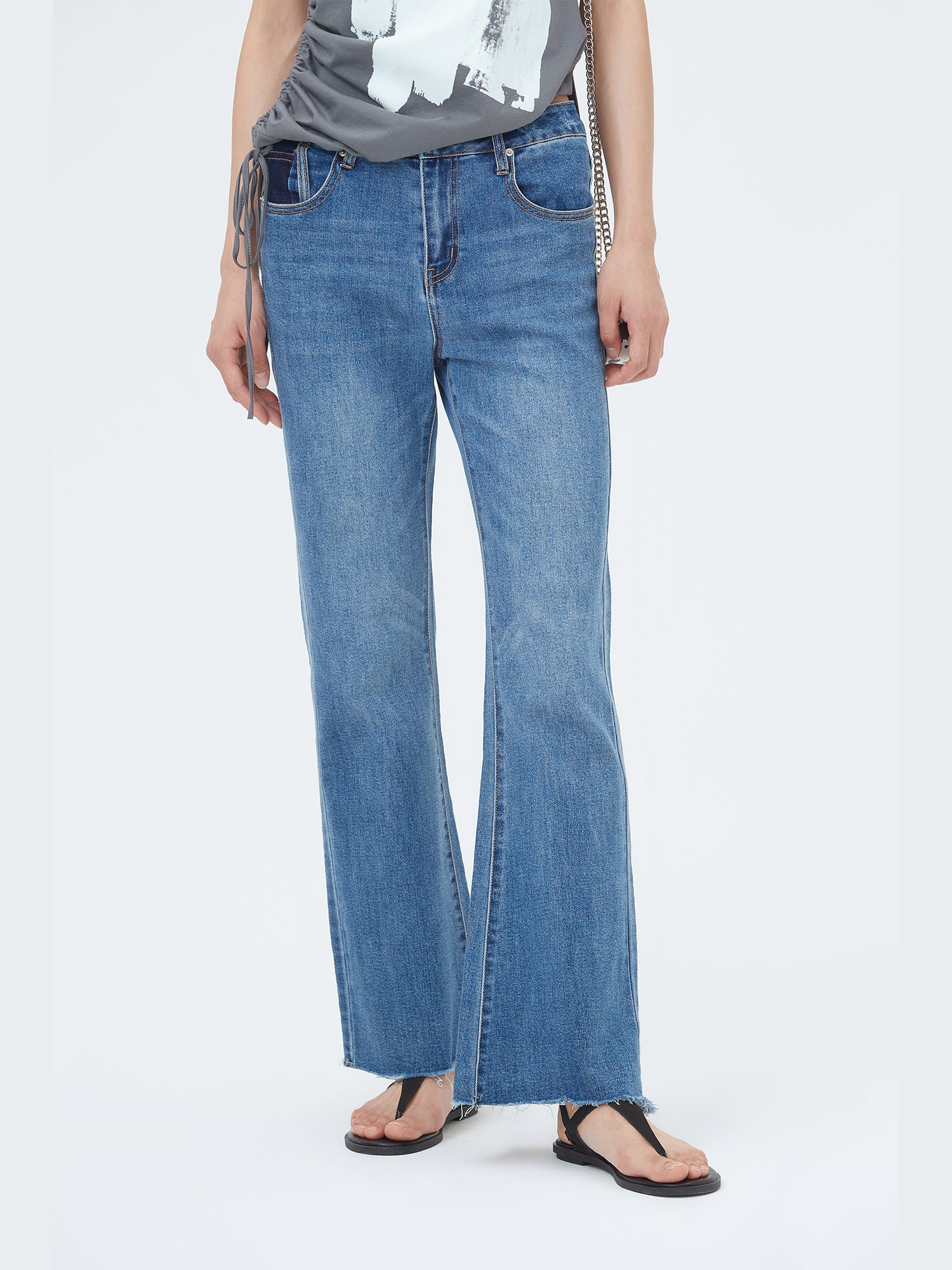 Water-washed Frayed Flare Jeans