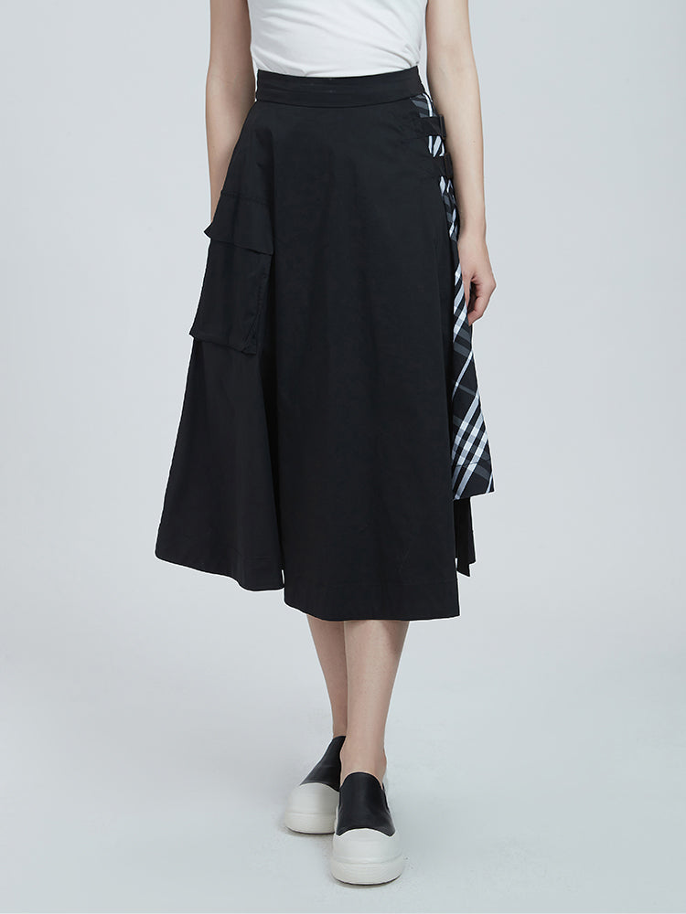 Elastic Waist Stitched Plaid Skirt