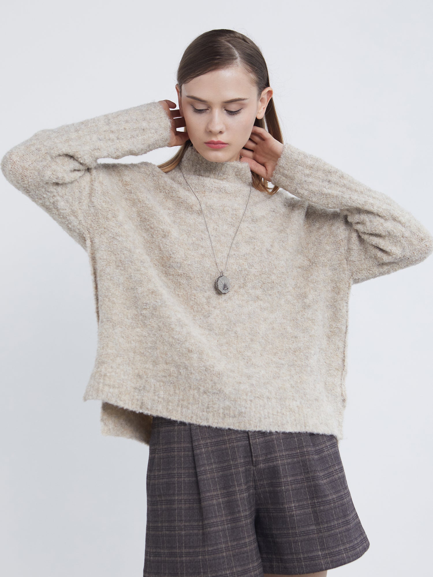 Half Turtleneck Irregular Slit Loose Knit Sweater