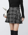 Vintage Plaid Leather Patchwork A-Line Pleated Skirt