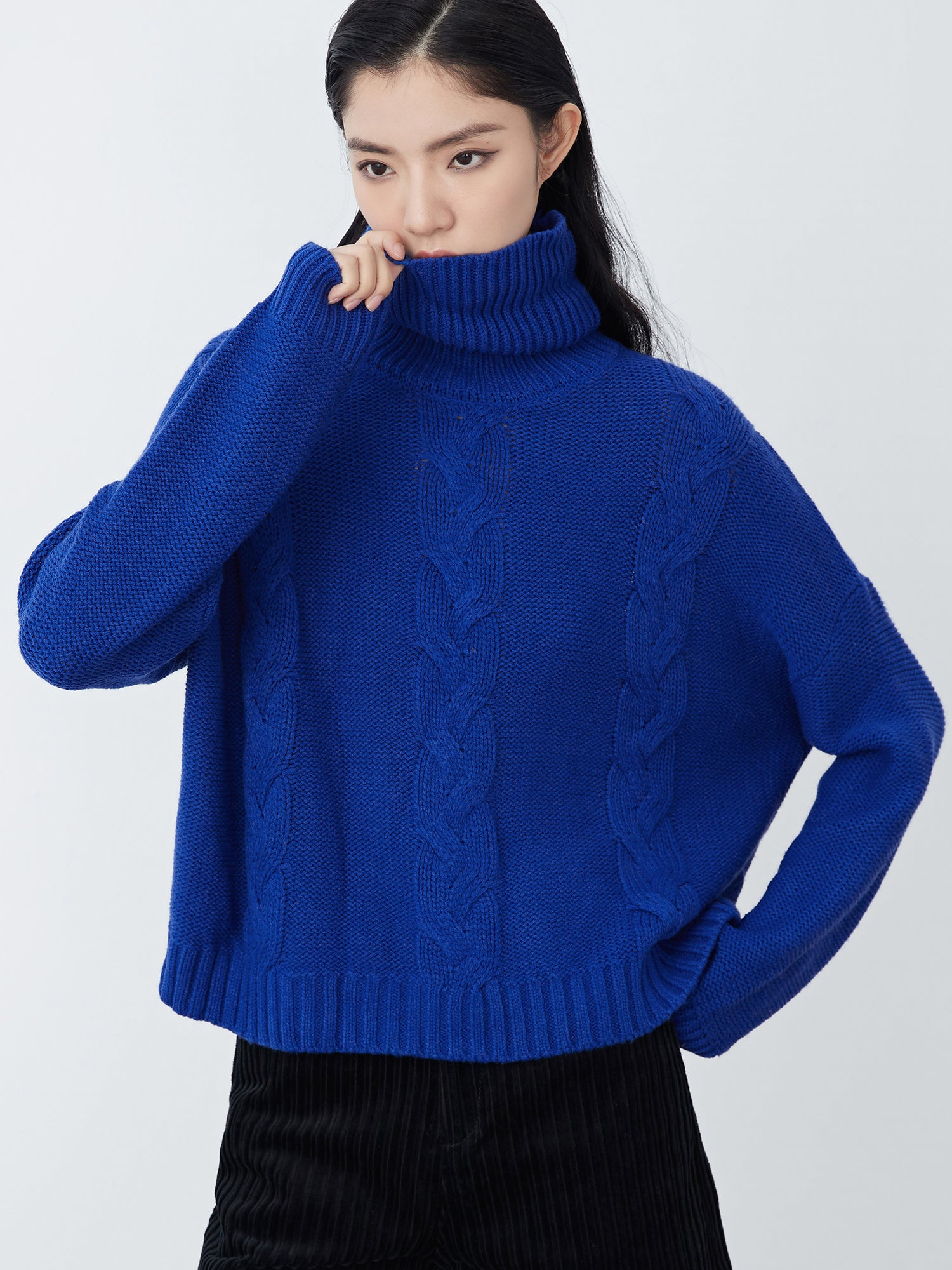 Trendy Turtleneck Dropped Shoulder Knit Sweater