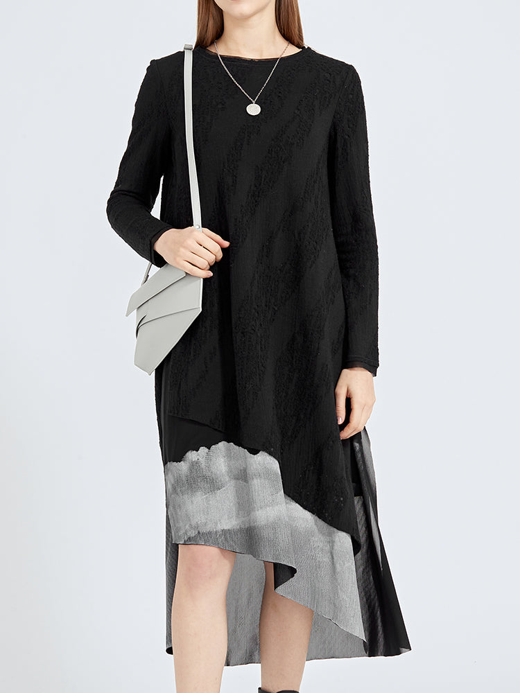 Two-Piece Woolen Dress With Round Neck Mesh Print Suspenders