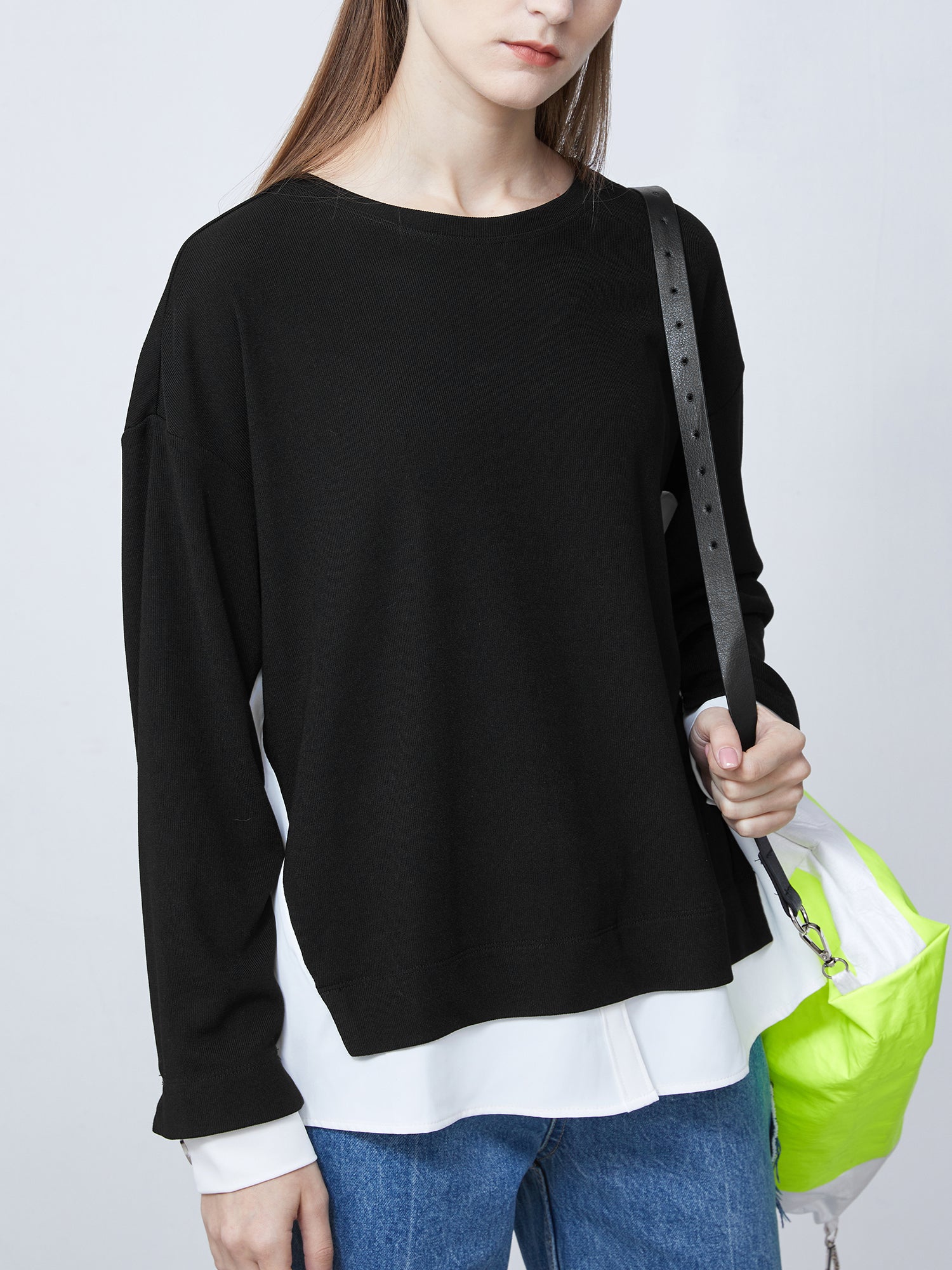 Ribbed Round Neck Color Contrast Stitching Long-Sleeved T-Shirt