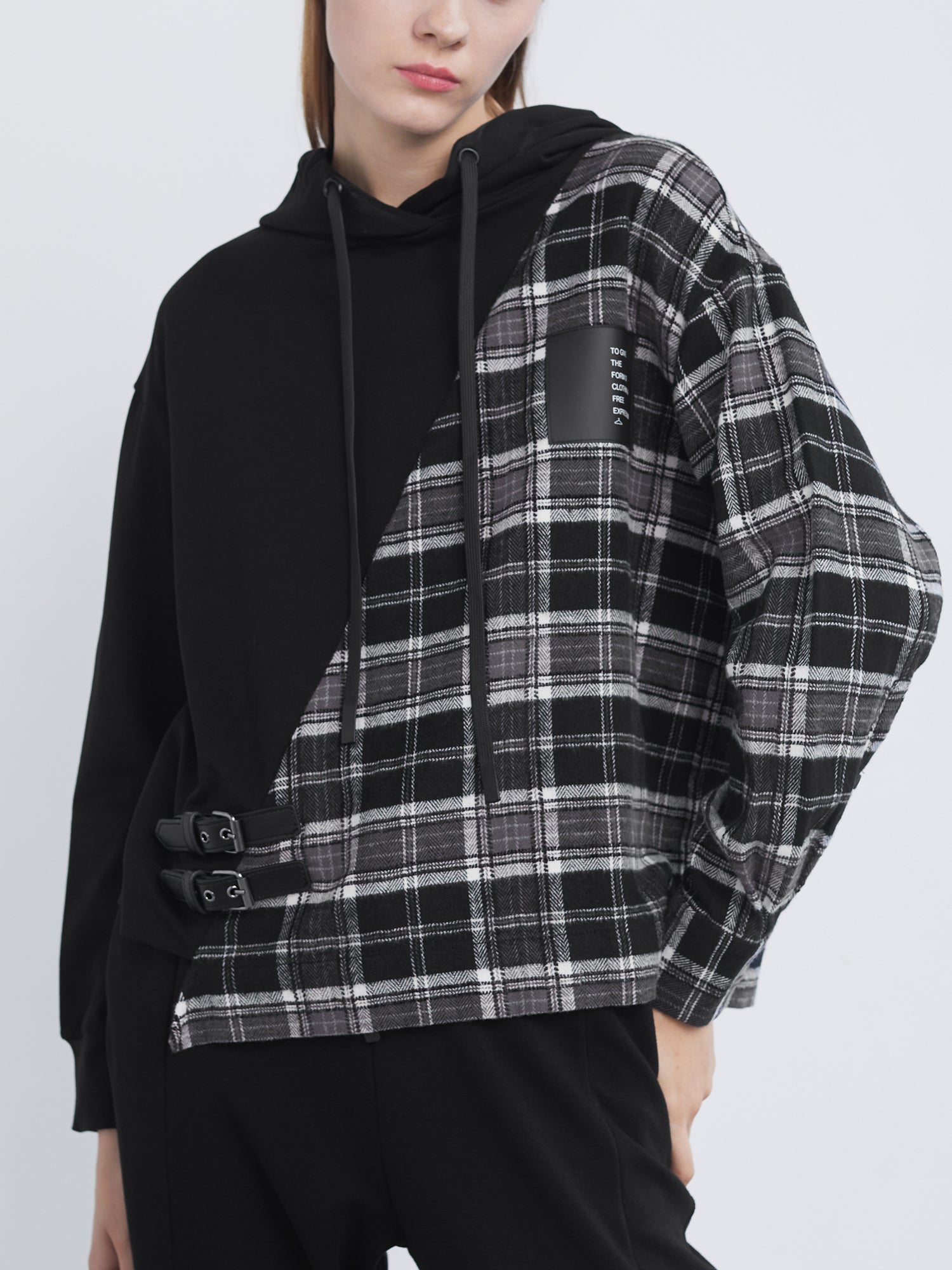 Drawstring Hooded Plaid Stitching Irregular Sweater Jacket