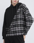 Drawstring Hooded Plaid Stitching Irregular Sweater Jacket