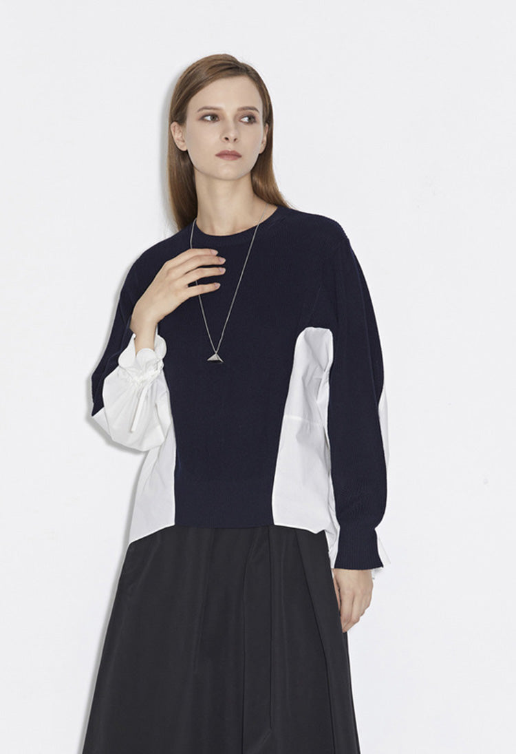 SDEER Loose Ribbed Round Neck Contrast Stitching Long-sleeved Sweater - S·DEER